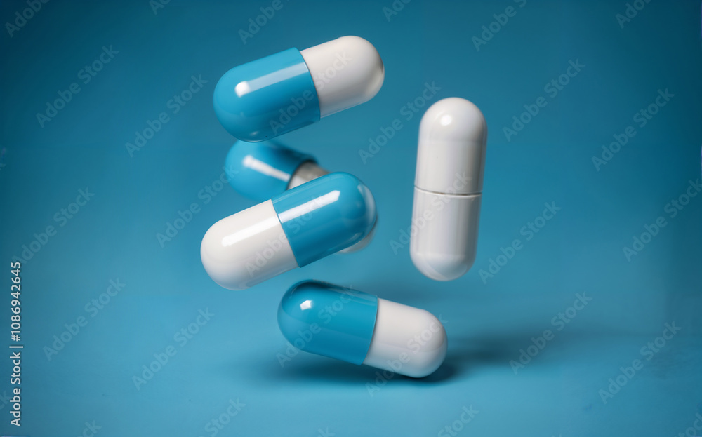 Floating Blue and White Capsules, healthcare and medical on a blue background Floating Blue and White Capsules, healthcare and medical on a blue background