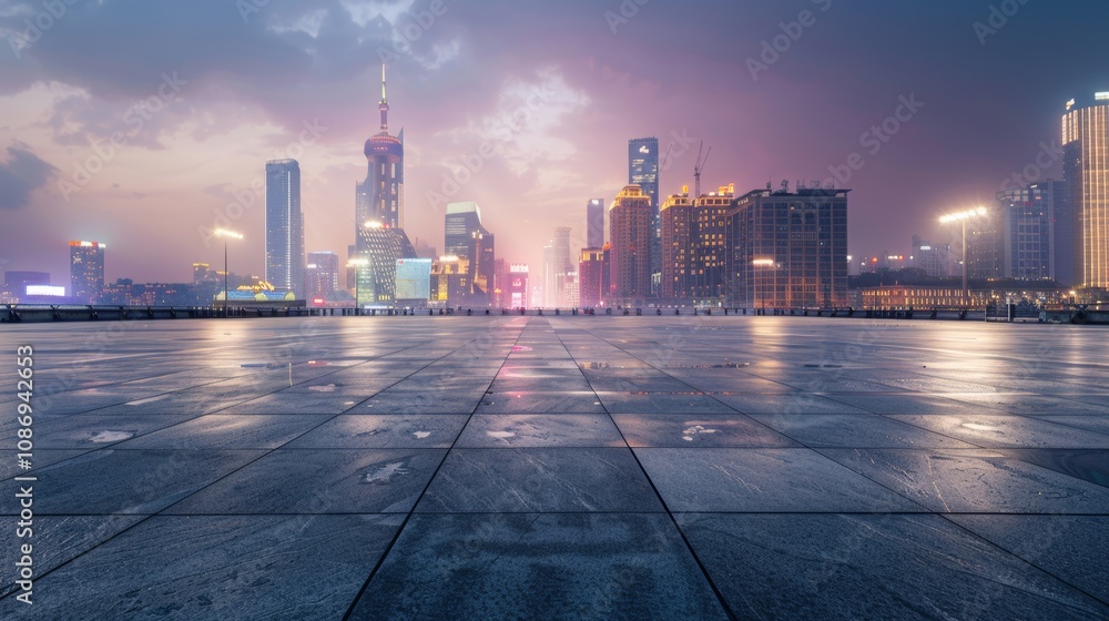Obraz premium Empty square floor with city skyline background, Urban plaza ambiance with modern skyscrapers, evening glow