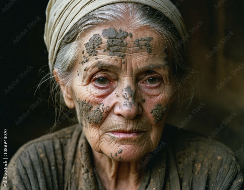 A woman of varying ages with mud stains, displaying a sad expression. A woman of varying ages with mud stains, displaying a sad expression.