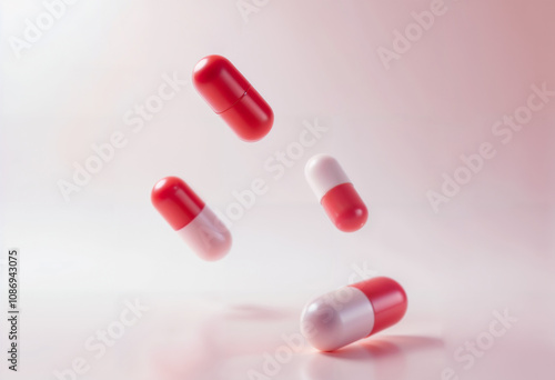 Floating Red and White Capsules on a Minimalist Background