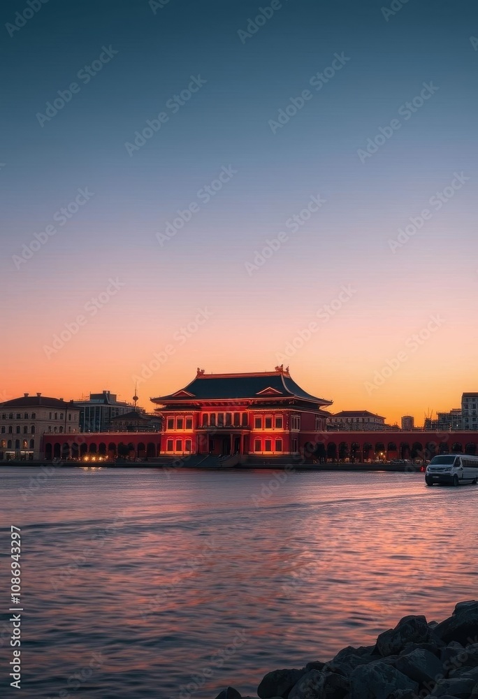 Obraz premium view of a building with a red light