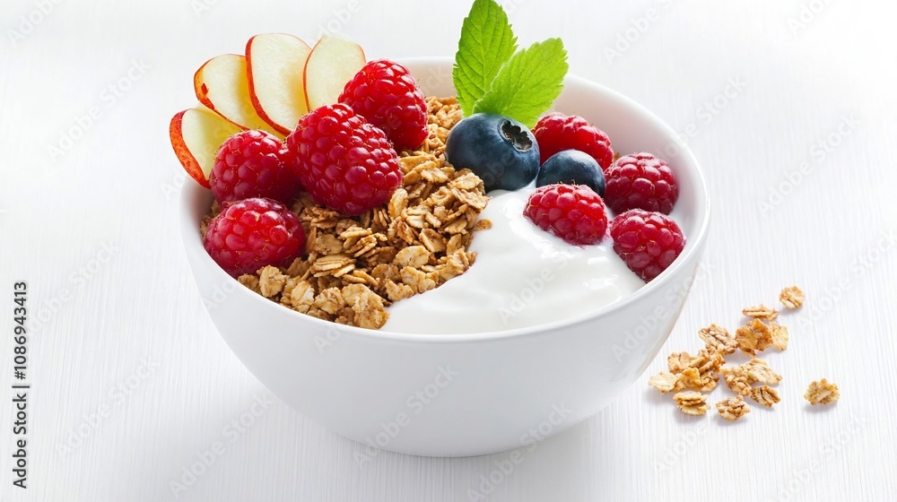 Healthy Breakfast Bowl with Granola Berries and Yogurt on White Background Healthy Breakfast Bowl with Granola Berries and Yogurt on White Background