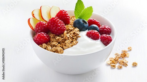 Healthy Breakfast Bowl with Granola Berries and Yogurt on White Background