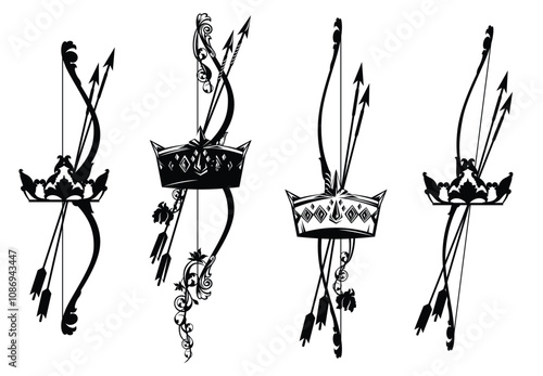 crossed bow and arrows inside royal crown decorated with rose flowers - medieval fantasy style archery and security concept black and white vector design set