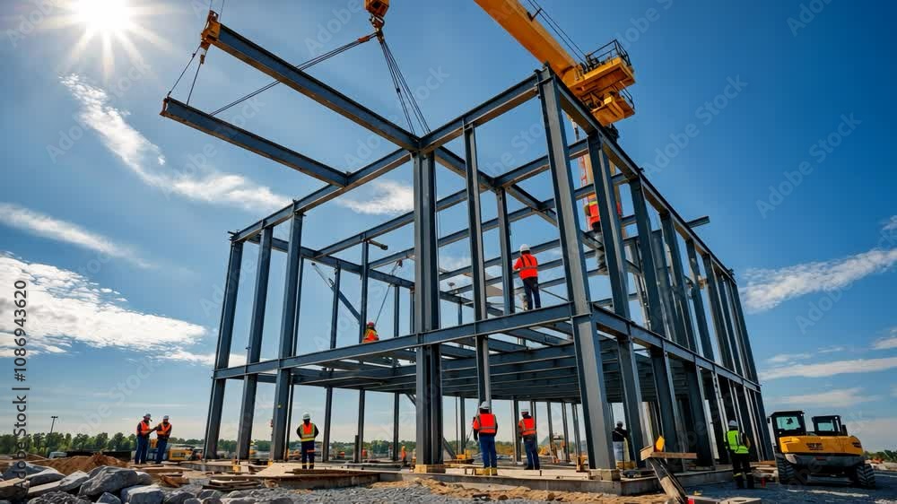 Video footage of construction site showcasing the framework of a large building being assembled by a crane and construction workers