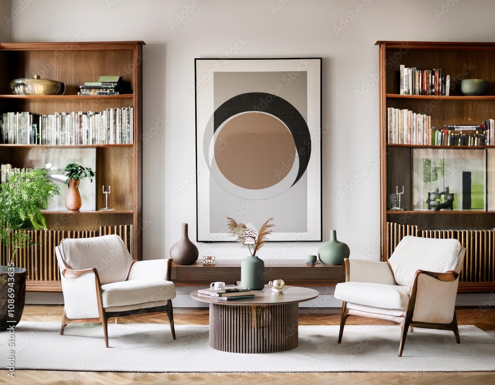 Mid-century modern living room with wooden built-ins, ribbed wall panels, abstract green artwork Mid-century modern living room with wooden built-ins, ribbed wall panels, abstract green artwork