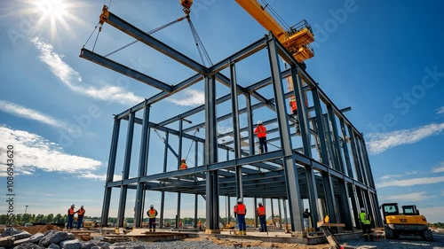 Video footage of construction site showcasing the framework of a large building being assembled by a crane and construction workers