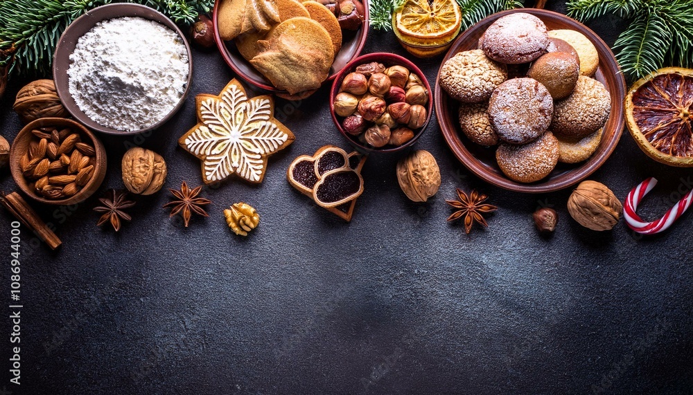 Variety of Christmas cookies and sweets. Top view over a dark stone background. Holiday baking concept. Variety of Christmas cookies and sweets. Top view over a dark stone background. Holiday baking concept.