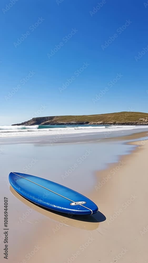 A solitary blue surfboard lies on the wet sand of a secluded beach A solitary blue surfboard lies on the wet sand of a secluded beach