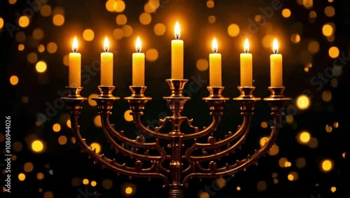 Menorah or hanukkiah with nine burning candles on dark background with bokeh lights. Symbol of jewish holiday Hanukkah. Motion animation