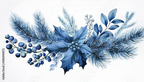 Watercolor Christmas arangement of spruce and holly berries in monochrome blue photo