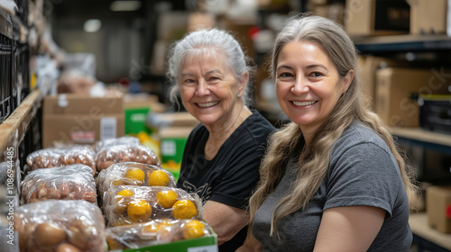 Volunteers sorting fruits and vegetables in a community food bank warehouse during the day. Generative AI photo