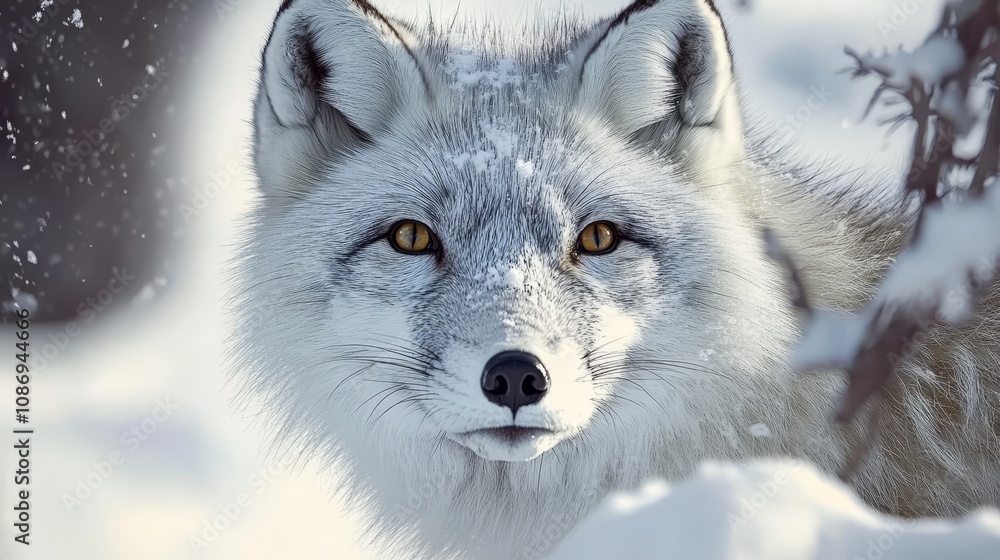 Obraz premium Close-up portrait of a magnificent Arctic fox with amber eyes amidst a snowy landscape.