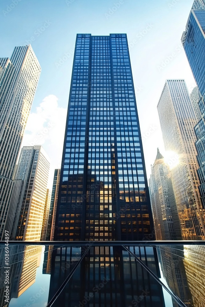 Modern Urban Architecture Glass Skyscraper Rising Above the City, Reflections in Foreground. Modern Urban Architecture Glass Skyscraper Rising Above the City, Reflections in Foreground.