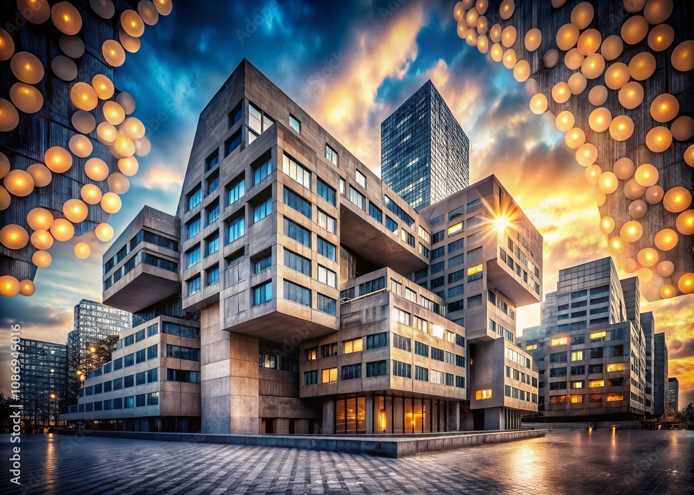 Fototapeta premium Captivating Bokeh Effect Showcasing Modern Brutalist Architecture with Concrete Structures Against a Softly Blurred Background for Stunning Visual Impact