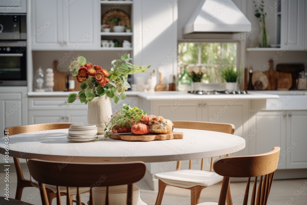 The Inviting Round Wooden Table Stands Near the Kitchen Island Encouraging Diners to Gather for Meals and Conversation The Inviting Round Wooden Table Stands Near the Kitchen Island Encouraging Diners to Gather for Meals and Conversation
