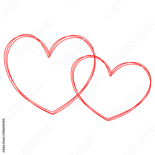 Two hearts continuous line drawing. Double heart wavy line. Relationship concept. Vector illustration isolated on white.