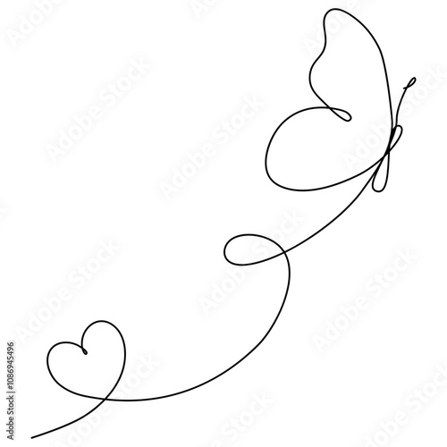 Butterfly with heart shape continuous line drawn. Vector illustration isolated on white.