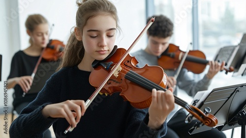 A young girl plays the violin in a music class, surrounded by fellow students, showcasing concentration and teamwork in a bright, airy environment.