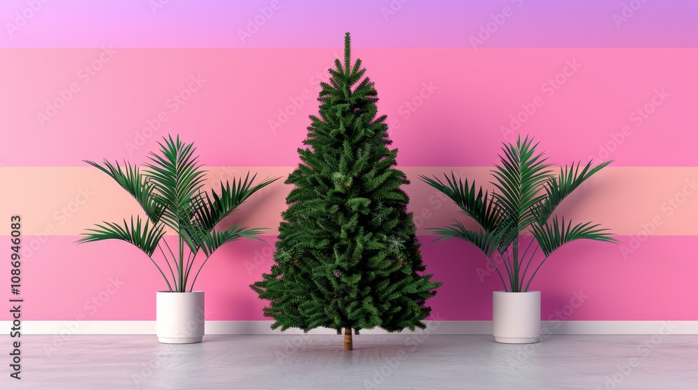Christmas tree with plants against a pink wall. Christmas tree with plants against a pink wall.