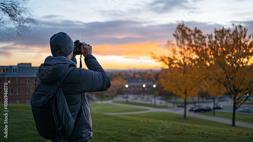 A person captures a sunset with a camera, surrounded by vibrant autumn foliage and a scenic landscape.