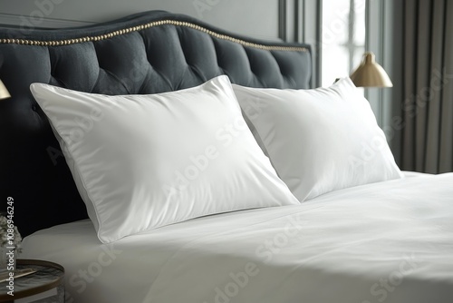 Two white pillows on a bed with a black headboard. The photo is perfect for showcasing a hotel room's comfort and luxury. photo