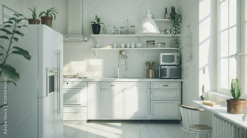 Bright and airy minimalist kitchen with clean white cabinets, modern appliances, and lush green plants. Perfect for contemporary living and interior design inspiration Bright and airy minimalist kitchen with clean white cabinets, modern appliances, and lush green plants. Perfect for contemporary living and interior design inspiration
