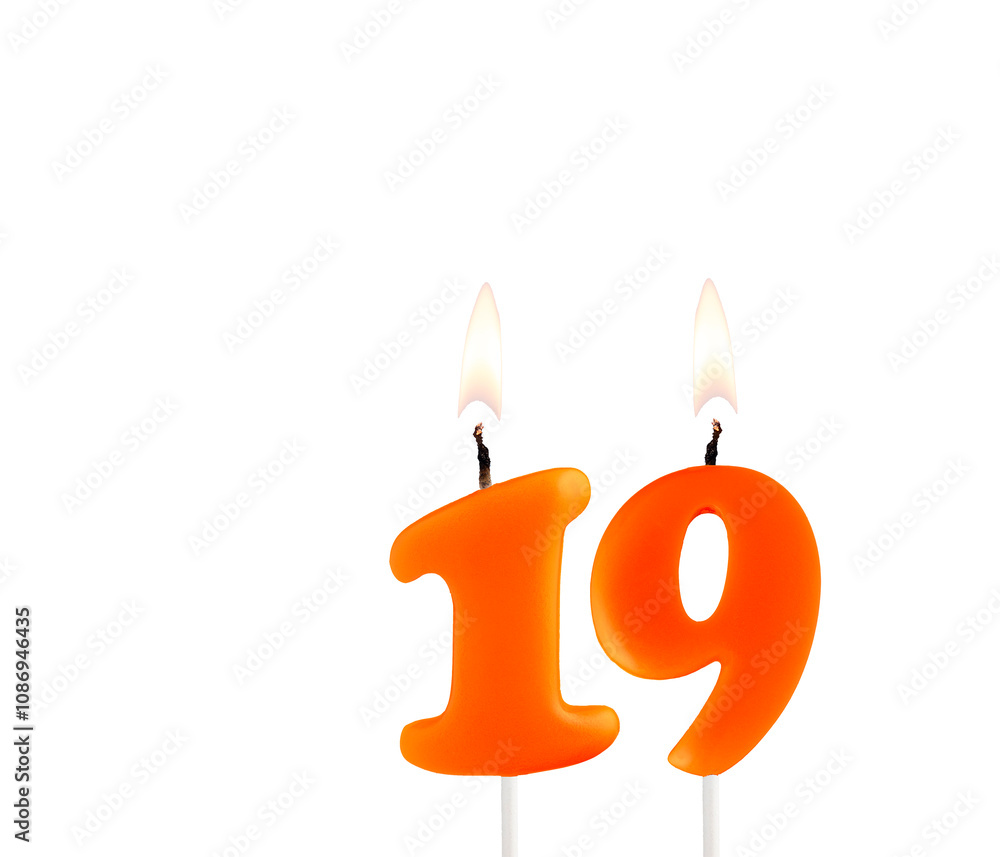 Orange birthday candle on white background - Number 19 Orange birthday candle on white background - Number 19