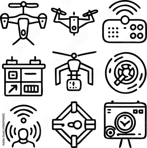 Drone, Quadrocopter icon set. Technology devices set. Drone silhouette icon. Vector Illustration. Vector Graphic