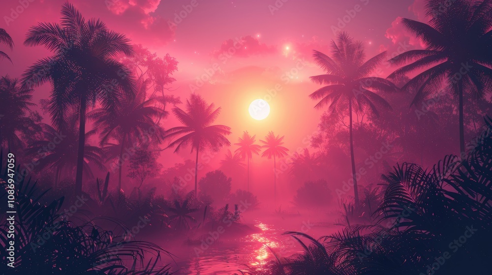 A magical pink sunset over a tropical forest with a river flowing through it. A magical pink sunset over a tropical forest with a river flowing through it.