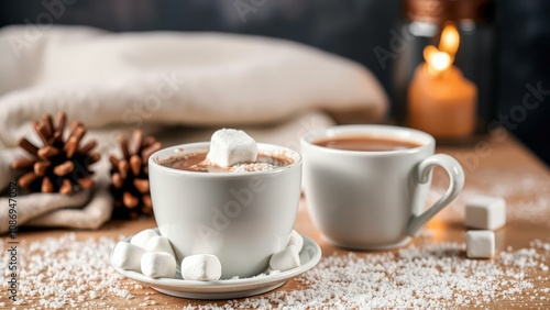 Cozy Winter Scene with Hot Chocolate and Marshmallows, Perfect for a Warm and Relaxing Atmosphere photo