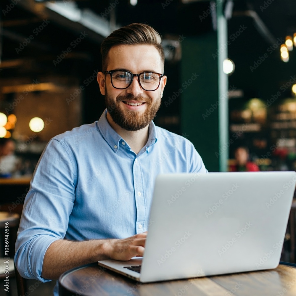 Young entrepreneur working on a laptop in a cozy coffee shop, smiling and looking determined Young entrepreneur working on a laptop in a cozy coffee shop, smiling and looking determined