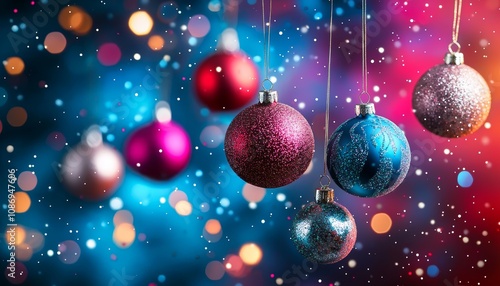 Colorful Christmas ornaments hang against a vibrant, shimmering background, creating a festive and joyful atmosphere.