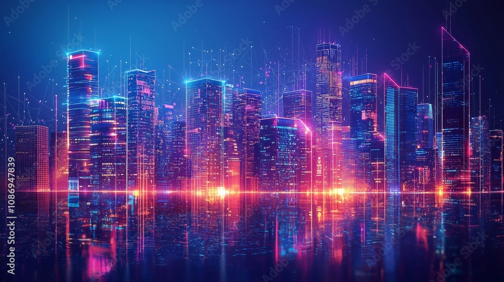 Futuristic Cityscape at Night with Luminous Skyscrapers, Neon Lights, and Reflections in Calm Water, Representing Modern Technology and Urban Life Futuristic Cityscape at Night with Luminous Skyscrapers, Neon Lights, and Reflections in Calm Water, Representing Modern Technology and Urban Life