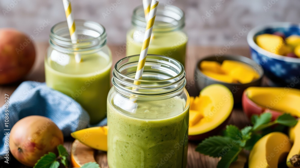 Refreshing Green Smoothie in Glass Jars with Fresh Fruits and Herbs, Perfect for Healthy Breakfast or Snack Refreshing Green Smoothie in Glass Jars with Fresh Fruits and Herbs, Perfect for Healthy Breakfast or Snack