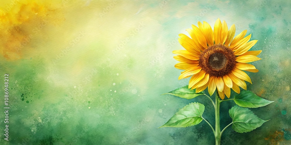 Single Sunflower on a Green and Yellow Watercolor Background Single Sunflower on a Green and Yellow Watercolor Background
