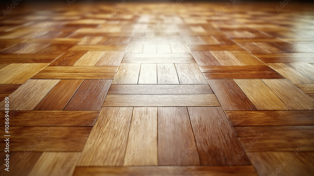 Brown smooth parquet flooring in the room, the floor is illuminated by the light from the window Brown smooth parquet flooring in the room, the floor is illuminated by the light from the window