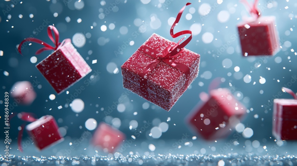 Fototapeta premium Floating red gift boxes with ribbons appear amidst falling snow, creating a festive and magical winter atmosphere.