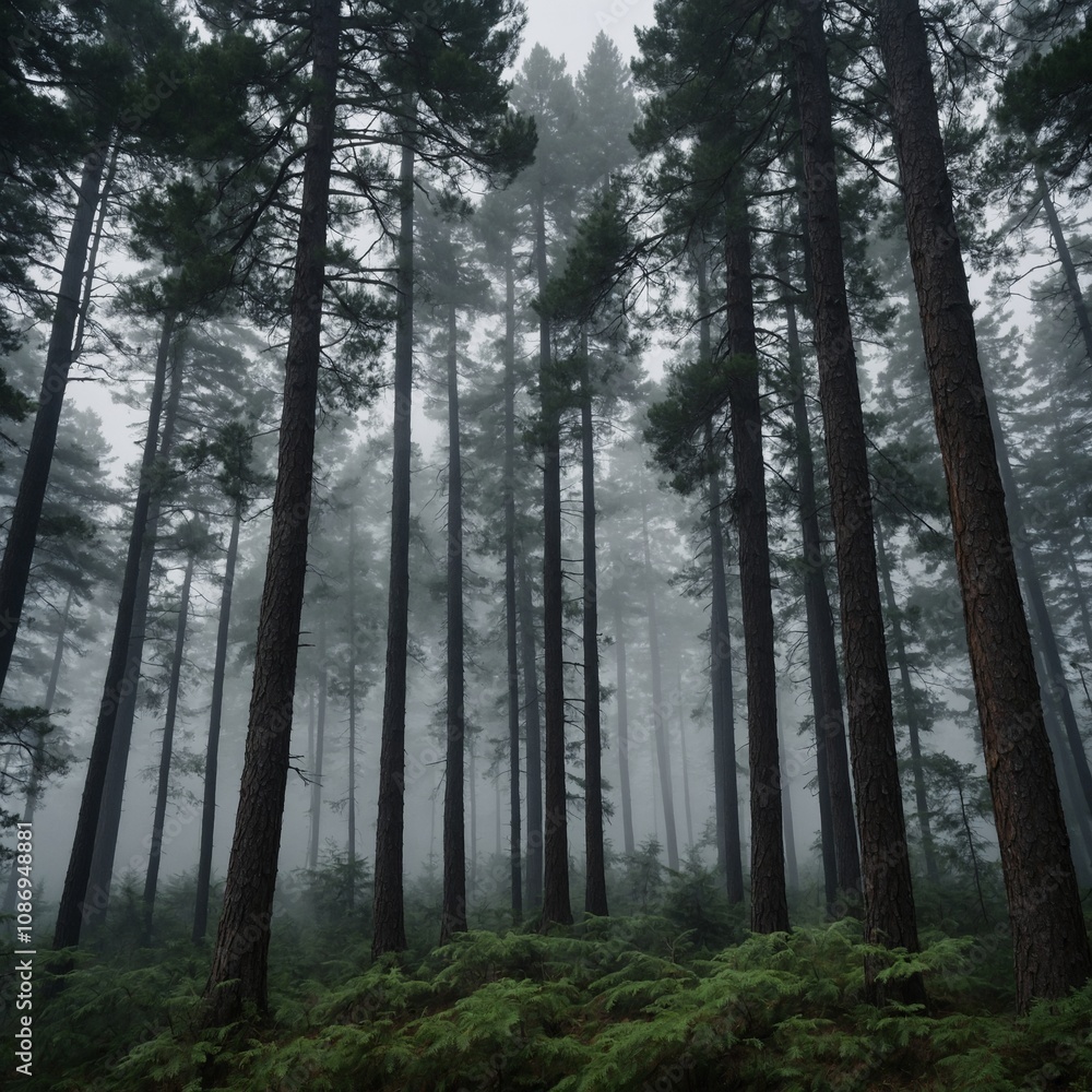 Obraz premium A tranquil forest with towering pine trees shrouded in morning mist, creating a mystical ambiance.