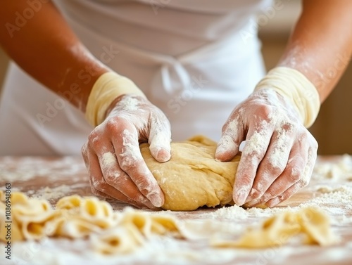 Closeup shot of a persons hands kneading dough in a bright kitchen, detailed texture, natural light, focus on movement photo