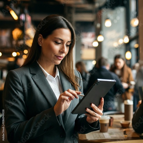 Businesswoman Using a Digital Tablet in a Coffee Shop