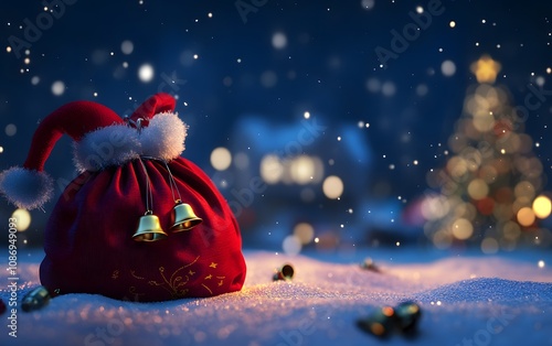 A festive scene featuring a red Christmas sack adorned with bells, resting in the snow, with twinkling lights of a Christmas tree in the background, evoking holiday cheer.