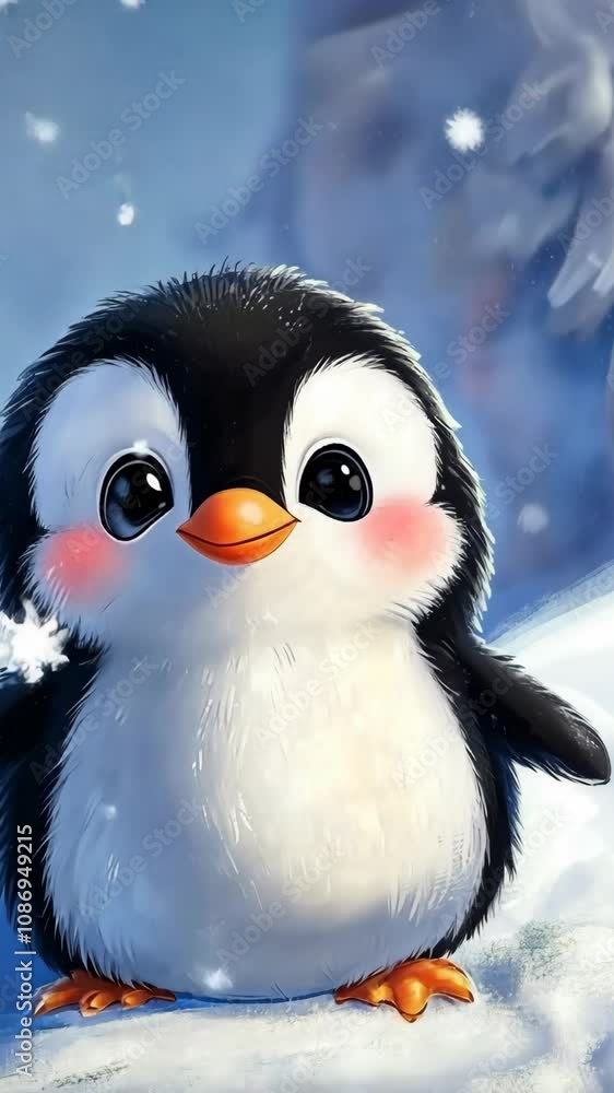 A fluffy, adorable baby penguin is depicted in a winter wonderland setting A fluffy, adorable baby penguin is depicted in a winter wonderland setting
