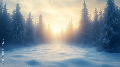 A serene snowy forest bathed in soft elegant sunlight