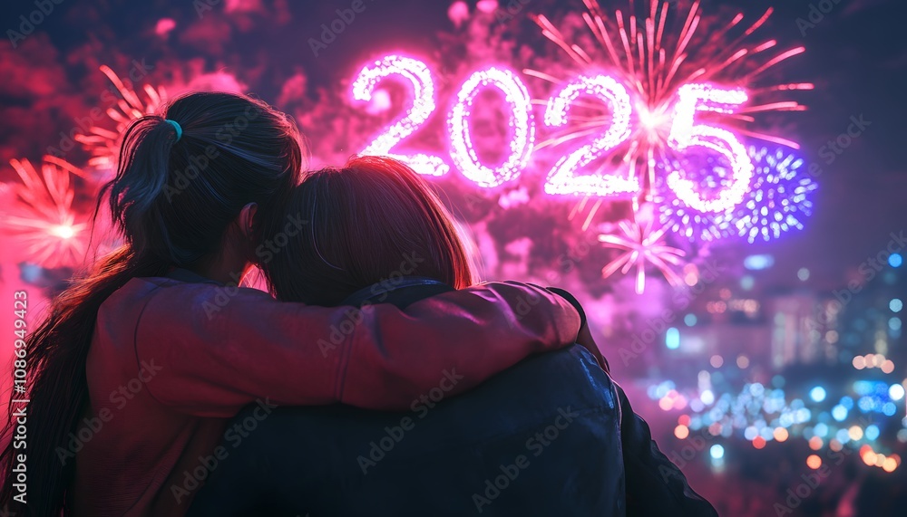 A heartfelt moment between two friends as they celebrate the New Year 2025. Stunning fireworks illuminate the night sky, creating a vibrant backdrop of joy and new beginnings. A heartfelt moment between two friends as they celebrate the New Year 2025. Stunning fireworks illuminate the night sky, creating a vibrant backdrop of joy and new beginnings.