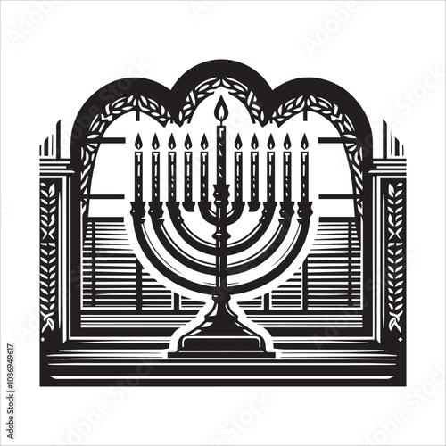 Hanukkah Menorah in an Open Window. A stylized black and white illustration of a Hanukkah menorah positioned in an open window.