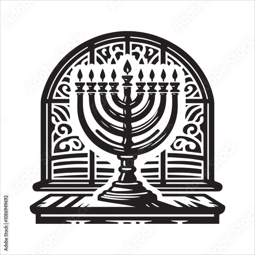 Hanukkah Menorah in an Open Window. A stylized black and white illustration of a Hanukkah menorah positioned in an open window.