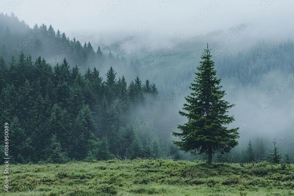 Serene Misty Forest Landscape with a Standalone Pine Tree Serene Misty Forest Landscape with a Standalone Pine Tree