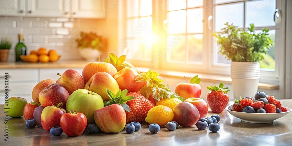 A vibrant assortment of fresh fruit including apples, peaches, nectarines, strawberries, blueberries, and lemons sits on a kitchen counter bathed in sunlight A vibrant assortment of fresh fruit including apples, peaches, nectarines, strawberries, blueberries, and lemons sits on a kitchen counter bathed in sunlight