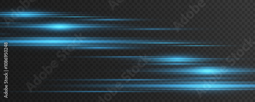 Moving fast laser beams isolated on dark transparent background. Abstract light effect. Lens flare. Glowing horizontal blue rays. Vector illustration. EPS 10